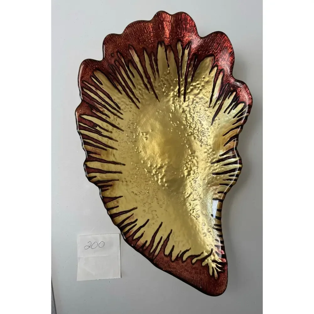 Rusty Gold Red Glass Bowl LARGE Handmade Gold Copper Backpainted 13.5x9” Oyster